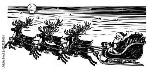Santa Claus Sleigh Ride in a Vintage Engraved Style