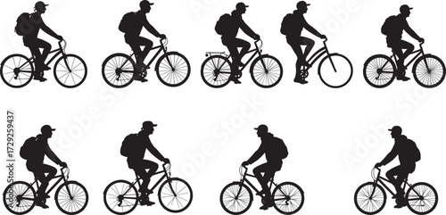 Cyclist silhouette in motion, backpack rider on various bicycle styles, vector illustration showing posture differences, urban commuting, sports and transportation concept