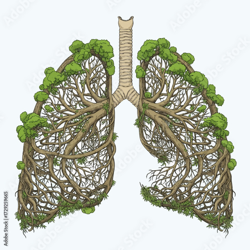 Conceptual illustration of human lungs intertwined with tree branches and leaves, symbolizing the vital connection between respiratory health and a green environment