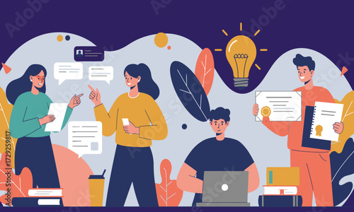 Group discussion illustration. Finding ideas together illustration. Class discussion illustration