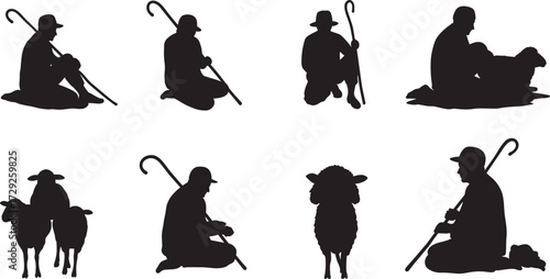 Shepherd silhouette sitting with staff, rural life poses, traditional pastoral scene, animal interaction, countryside vector illustration for farming, nature, and folklore themes