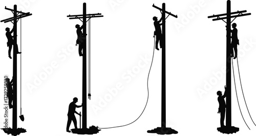 Silhouette utility workers climbing poles teamwork maintenance safety construction electricity repair power line installation vector illustration industry labor occupation teamwork