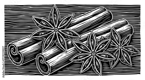 Cinnamon and Star Anise Spices in a Vintage Woodcut Style