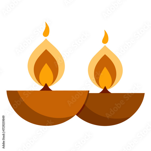 Two lit diya lamps with orange flames