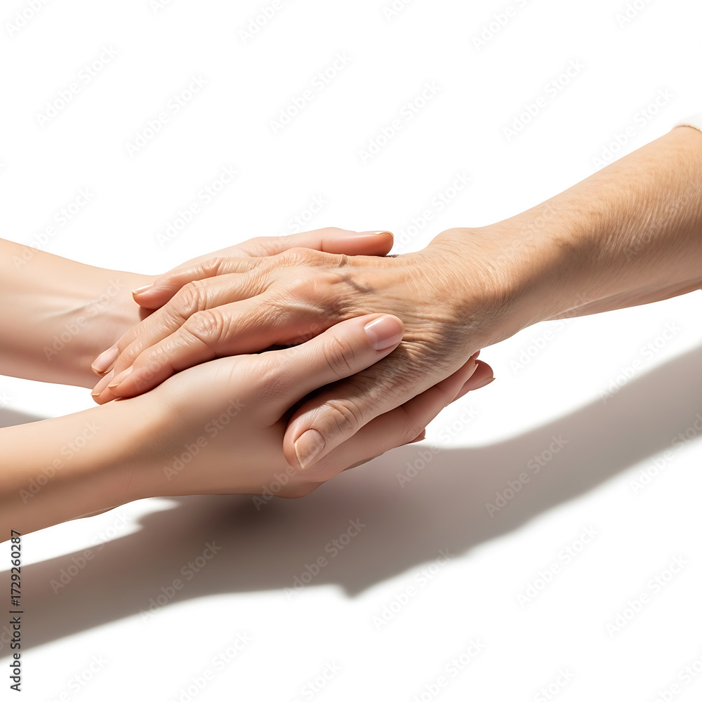 Fototapeta premium Intergenerational support young hands gently cradle aged, wrinkled hands, isolated on white