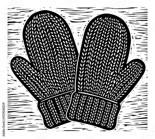 Knitted Winter Mittens in a Retro Woodcut Style