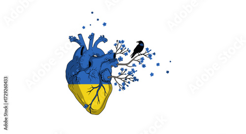 Symbolic heart adorned with Ukrainian flag colors branches growing and a solitary crow watches the falling blossoms.