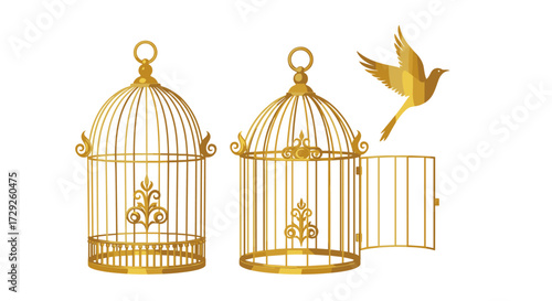 Two golden birdcages with one open door and a bird flying out.