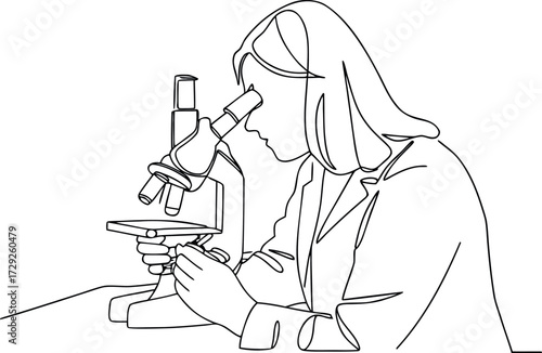 Single line illustration of a woman doctor or biologist using a microscope