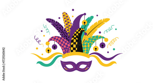 A colorful jester's hat and mask with festive streamers and confetti perfect for Mardi Gras celebrations.