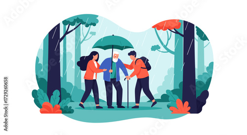 Illustration of two young people caring for an elderly man with a walking stick under an umbrella in a forest.