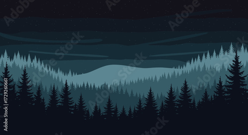A dark and serene night sky above a vast evergreen forest with distant hills.