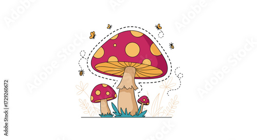 A group of whimsical red spotted mushrooms growing tall in the lush green grass.