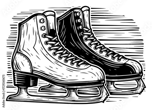 A Pair of Ice Skates in a Vintage Woodcut Style