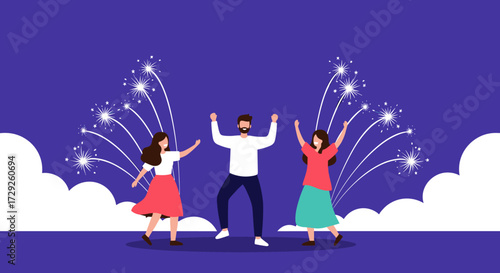 Three friends celebrating with fireworks and clouds in the background.