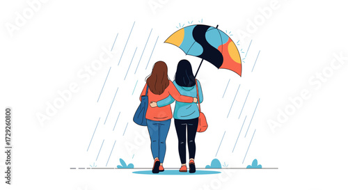 Two friends walk together under an umbrella during a rain shower sharing support and companionship.