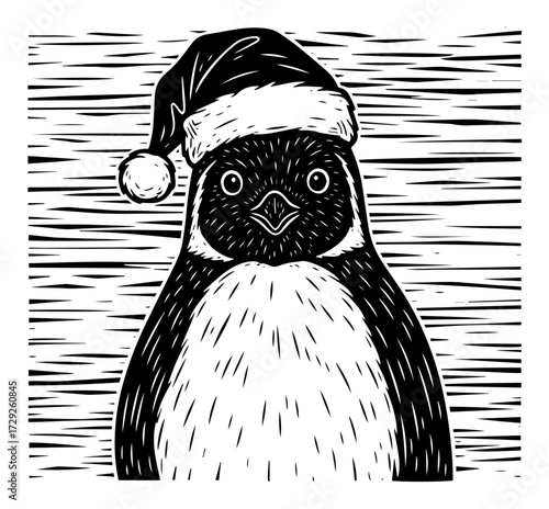 Christmas Penguin with a Santa Hat in a Woodcut Style