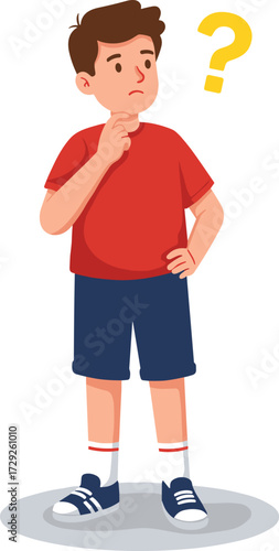 Cartoon boy thinking, confused child illustration, curious kid scratching chin, problem solving expression, question mark concept, decision making, doubt, wondering character