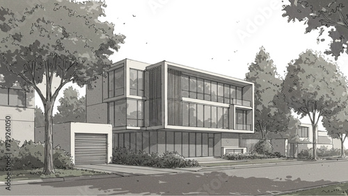 Contemporary Modern Three-Story House Exterior with Large Glass Windows and Suburban Trees AI EPS PNG JPEG