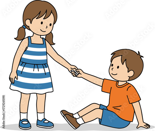 Cartoon girl helping boy, kindness illustration, children support, friendship and care, teamwork concept, kids helping hand, vector drawing, cooperation