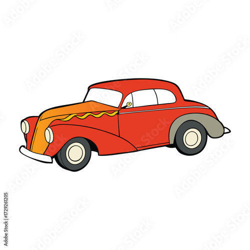 A gleaming 1950s American hot rod, low-slung with chrome details, flames on the side, roaring engine, and classic retro style, ready to hit the open road.
