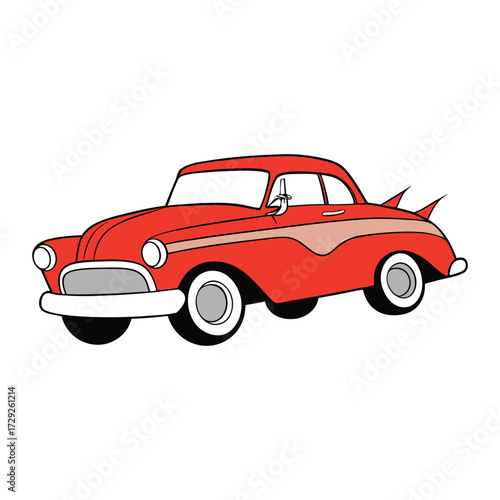 A gleaming 1950s American hot rod, low-slung with chrome details, flames on the side, roaring engine, and classic retro style, ready to hit the open road.
