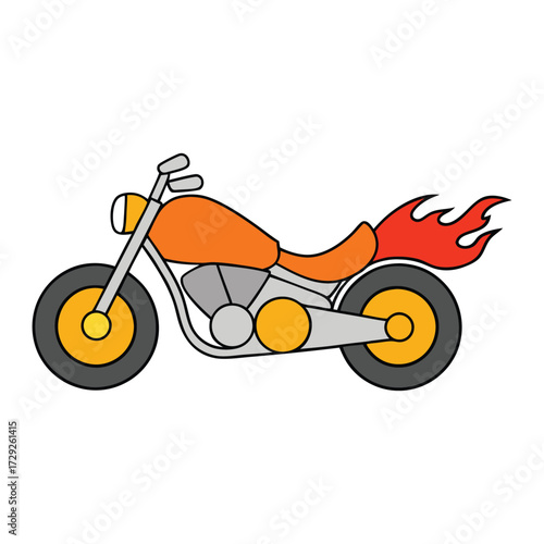 A sleek motorcycle captured from the side, its wheels ablaze with fiery flames, racing forward with power, speed, and unstoppable energy in a dynamic, bold style.
