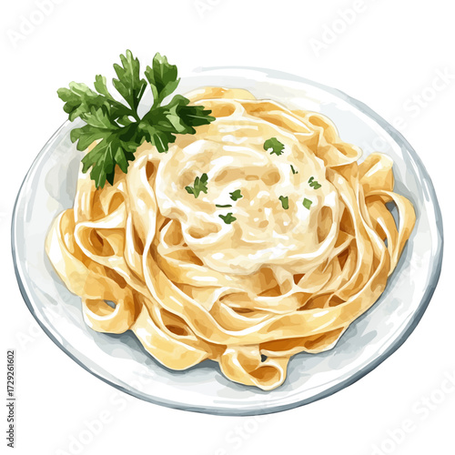 watercolor of Fettuccine Alfredo, vector, isolated on a white background.