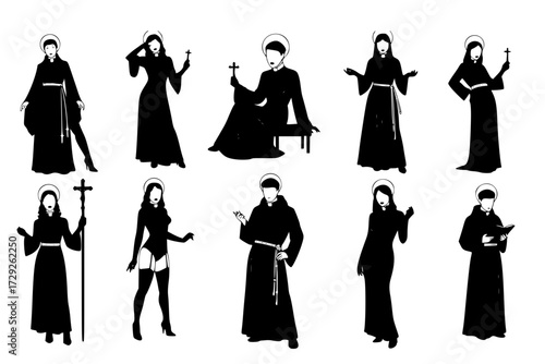 Robed Priest hot sexy woman Monk Padre Church Silhouette Vector Pack: Graphic Drawing for Stickers, Streetwear, T-Shirts, Logos, Print-on-Demand, Print, Branding.