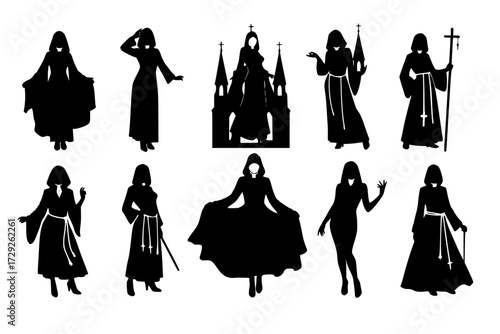 Robed Priest hot sexy woman Monk Padre Church Silhouette Vector Pack: Graphic Drawing for Stickers, Streetwear, T-Shirts, Logos, Print-on-Demand, Print, Branding.
