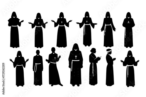 Robed Priest hot sexy woman Monk Padre Church Silhouette Vector Pack: Graphic Drawing for Stickers, Streetwear, T-Shirts, Logos, Print-on-Demand, Print, Branding.