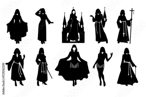 Robed Priest hot sexy woman Monk Padre Church Silhouette Vector Pack: Graphic Drawing for Stickers, Streetwear, T-Shirts, Logos, Print-on-Demand, Print, Branding.
