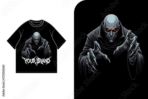 A black t-shirt displays a menacing bald figure with red eyes, reaching out. The image is also shown separately.