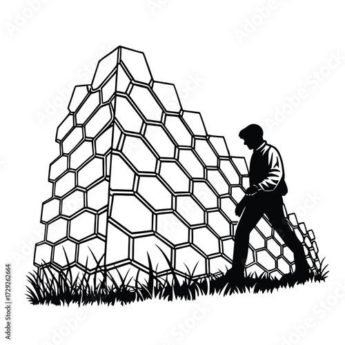 Hexagonal Modular Façade A Person Strolling Past an Architectural Display of Interconnected Hexagon Panels
