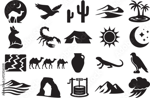 Desert Sand and Rock Arch Glyph Icon Set Camel, Eagle, Oasis, Sand Dunes, Night Sky, Wildlife and Travel Symbols