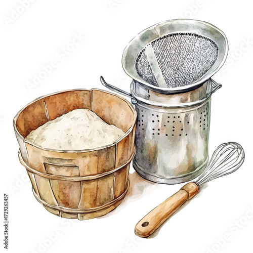 Photos Flour Sifter And Mixing Tools, watercolor illustration vector, isolated on a white background