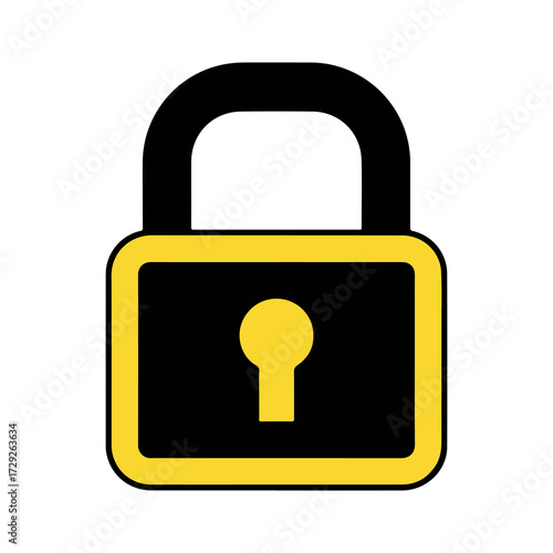 A simple yellow and black padlock icon symbolizing security, privacy, and protection. A closed lock graphic representing data safety and confidentiality, isolated on a white background