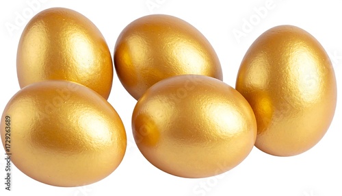 Golden eggs arranged on white background