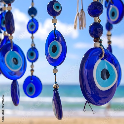 Blue eye charms hanging on strings