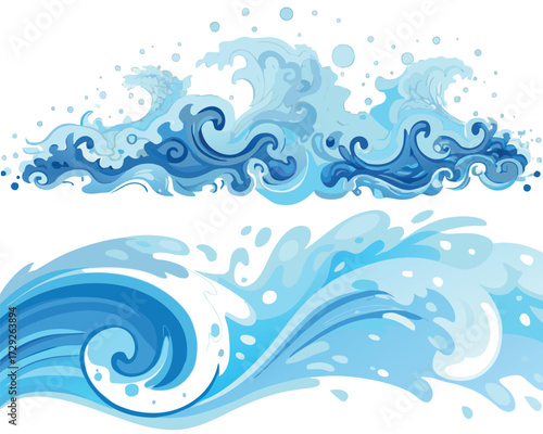 Ocean Wave Illustration: An artistic representation of ocean waves, with swirling patterns and shades of blue, the image encapsulates the fluid motion and natural power of the sea.