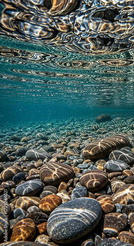 Underwater View of Smooth Stones with Sunlight Reflections and Rippling Water Surface in Clear Natural Composition
