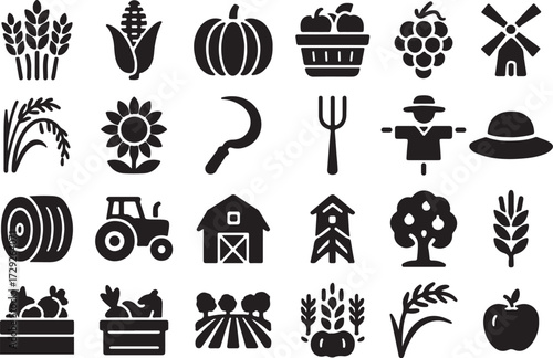 Harvest Glyph Icon Set Wheat, Corn, Pumpkin, Apple Basket, Grapes, Sunflower, Farming Tools and Agriculture Symbols