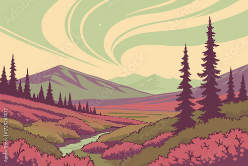 Fairbanks Tundra Fields in Alaska, colorful autumn tundra stretching under northern lights sky
