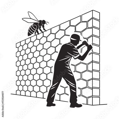 Illustrative silhouette of a beekeeper working on a honeycomb structure, symbolizing apiary maintenance and the intricate process of beekeeping and honey production