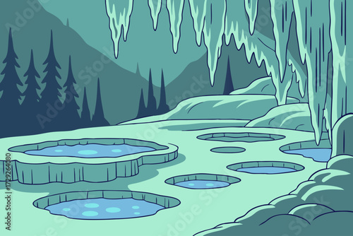 Fairy Caves in Colorado, glowing stalactite formations above crystal pools