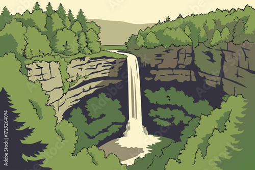 Fall Creek Falls in Tennessee, plunging 256 feet into a forested gorge surrounded by rugged sandstone cliffs