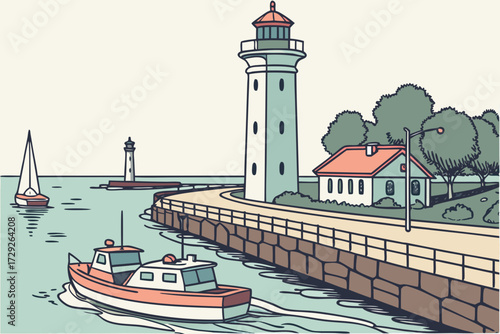 Erie Harbor in Pennsylvania, fishing boats and lighthouses lining Lake Erie waterfront
