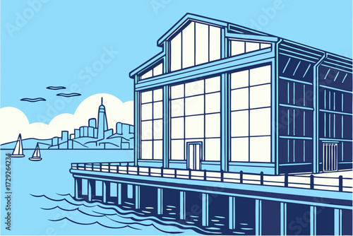Exploratorium in San Francisco, California, modern glass structure on waterfront pier