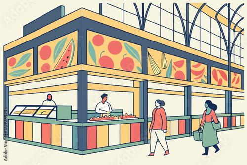 Essex Market in New York City, New York, modern indoor stalls with vibrant murals and diverse foods