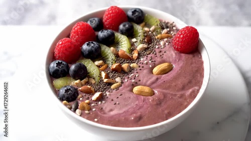 Preparing a Smoothie Bowl Topped With Fresh Fruits and Almonds